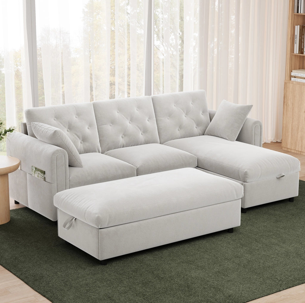 Divano beige con chaise longue e pouf contenitore