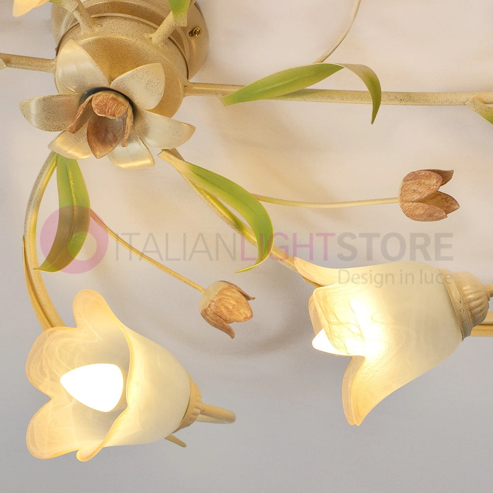 FLORA Plafoniera allungata a 6 Luci in Ferro Decorato Stile Floreale