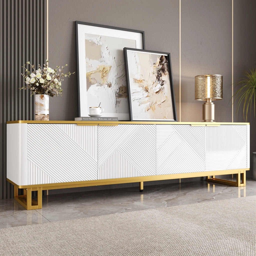 OKWISH Mobile TV con 4 Ante, Passacavi e Vano Aperto, Motivo Geometrico, per Soggiorno, MDF, Bianco, 160×37,5×48 cm