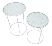 Tavolinetti Bianco Harts Coppia Ø43x60-38x55 cm in Ferro e Vetro Bianco