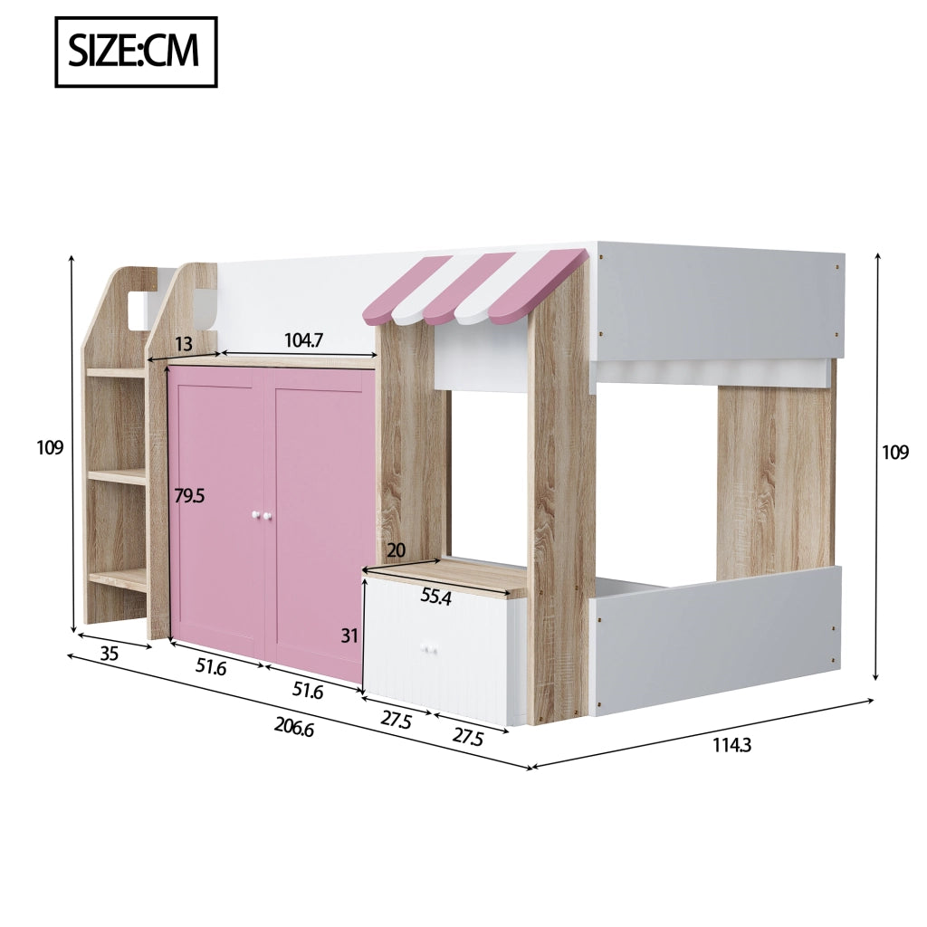 OKWISH Letto a soppalco bambino 90×200 cm, Letto Singolo con Scala Larga, Contenitori e Mensole, senza Materasso, in Legno, Rosa e Bianco
