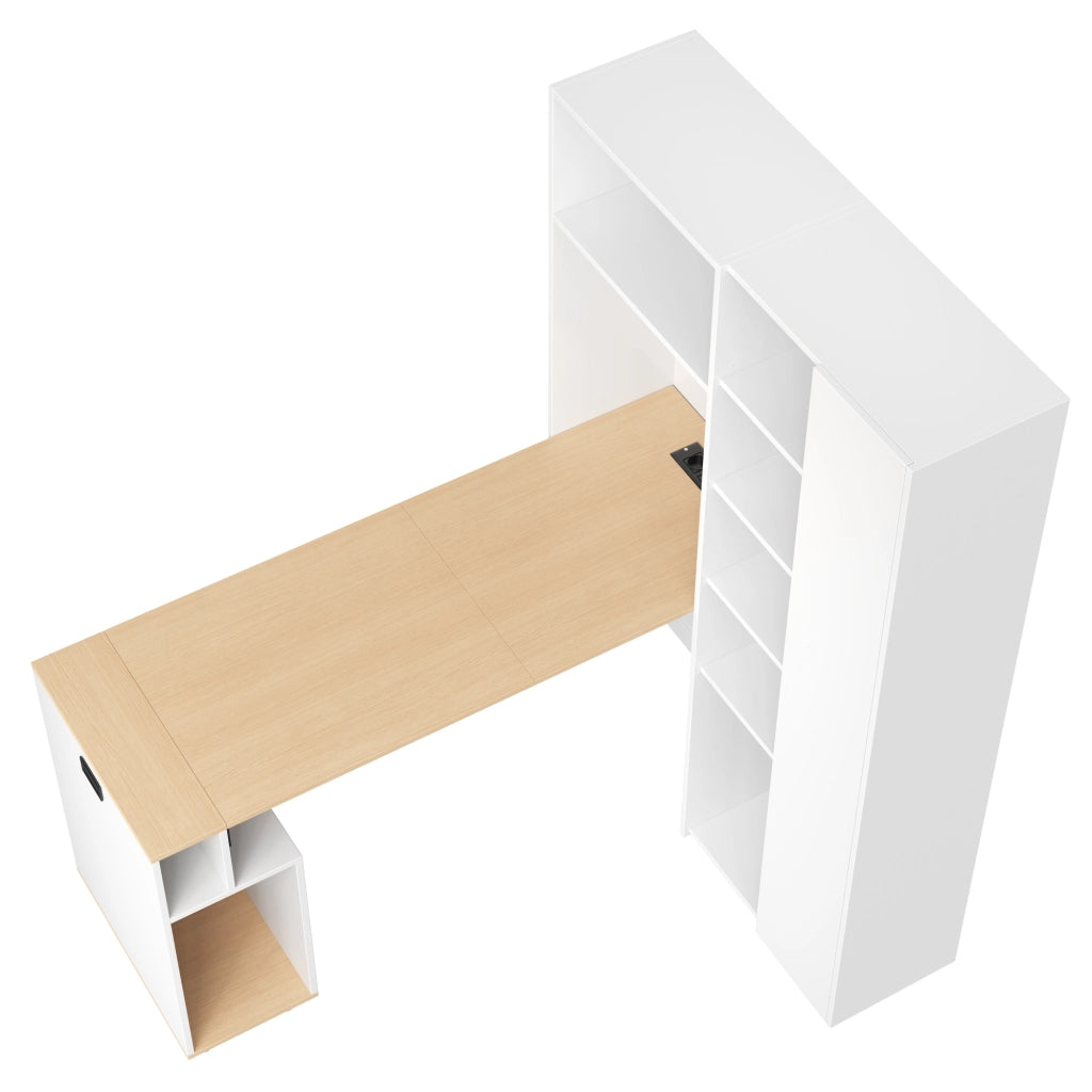 Scrivania pieghevole 2 in 1 con libreria, presa EU e USB, ripiani regolabili, anti-ribaltamento, bianco rovere