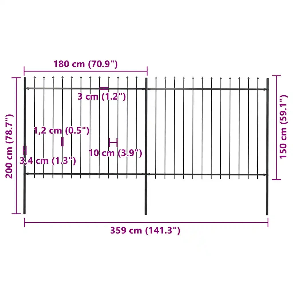 Recinzione da Giardino con Punta a Lancia in Acciaio 359x150 cm Nero 277630