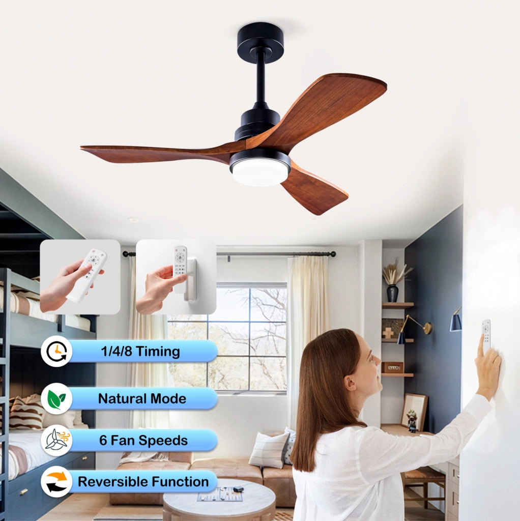 Ventilatore da soffitto con luce, motore DC reversibile, telecomando, nero e noce scuro
