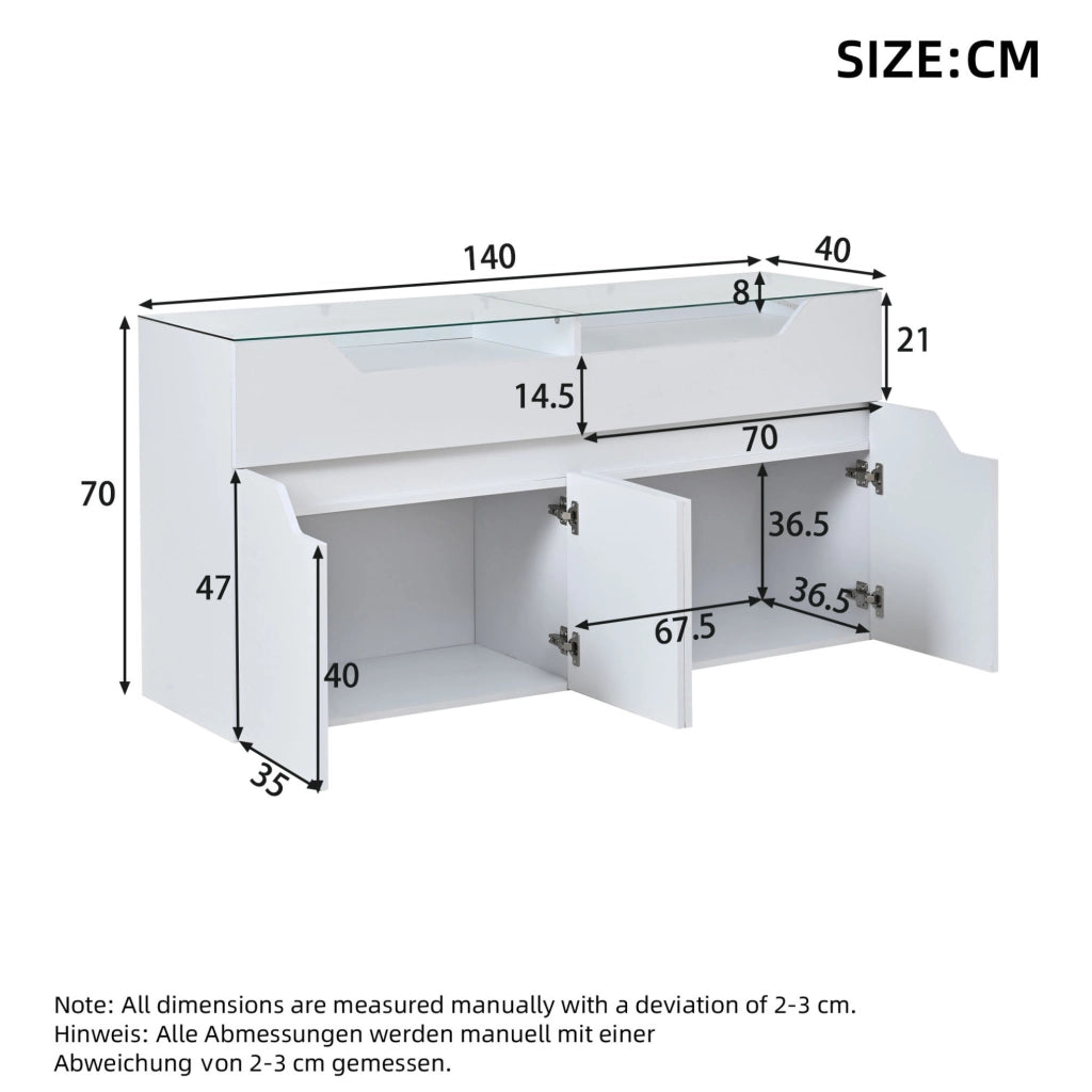 Credenza 140x40x70 cm in MDF bianco con piano in vetro temperato， 2 cassetti e LED