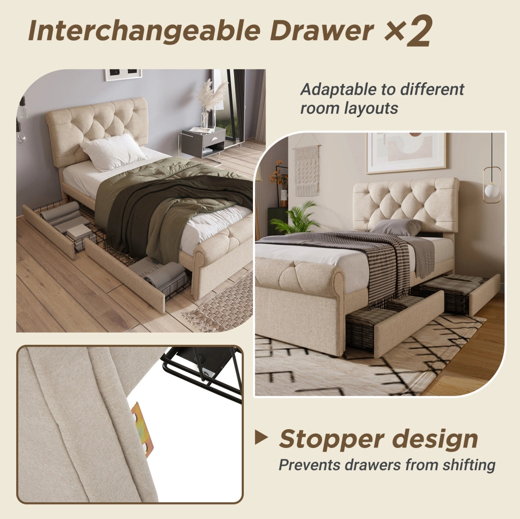 Letto singolo imbottito ULEVR 90x200 cm con 2 cassetti e testiera regolabile, naturale