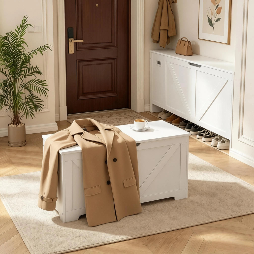 Panca contenitore da ingresso in legno con spazio nascosto, coperchio e 76 l, bianco, 100 × 47 × 40 cm