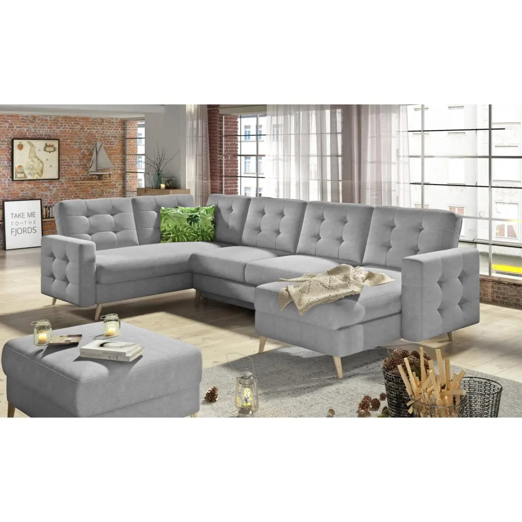 Divano angolare panoramico convertibile HASGARD U 326 cm grigio chiaro con contenitore