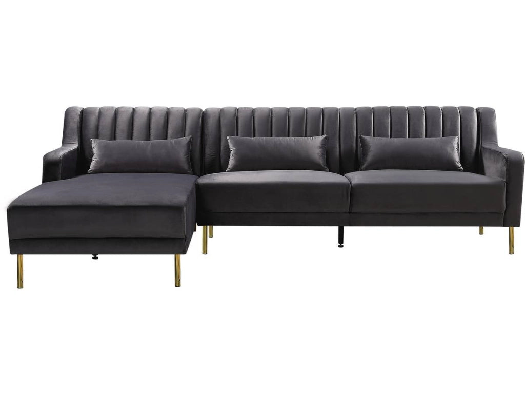 Divano ad angolo in velluto "Oliver" - 187 x 161 x 81 cm - 5 posti a sedere - Grigio - Angolo sinistro