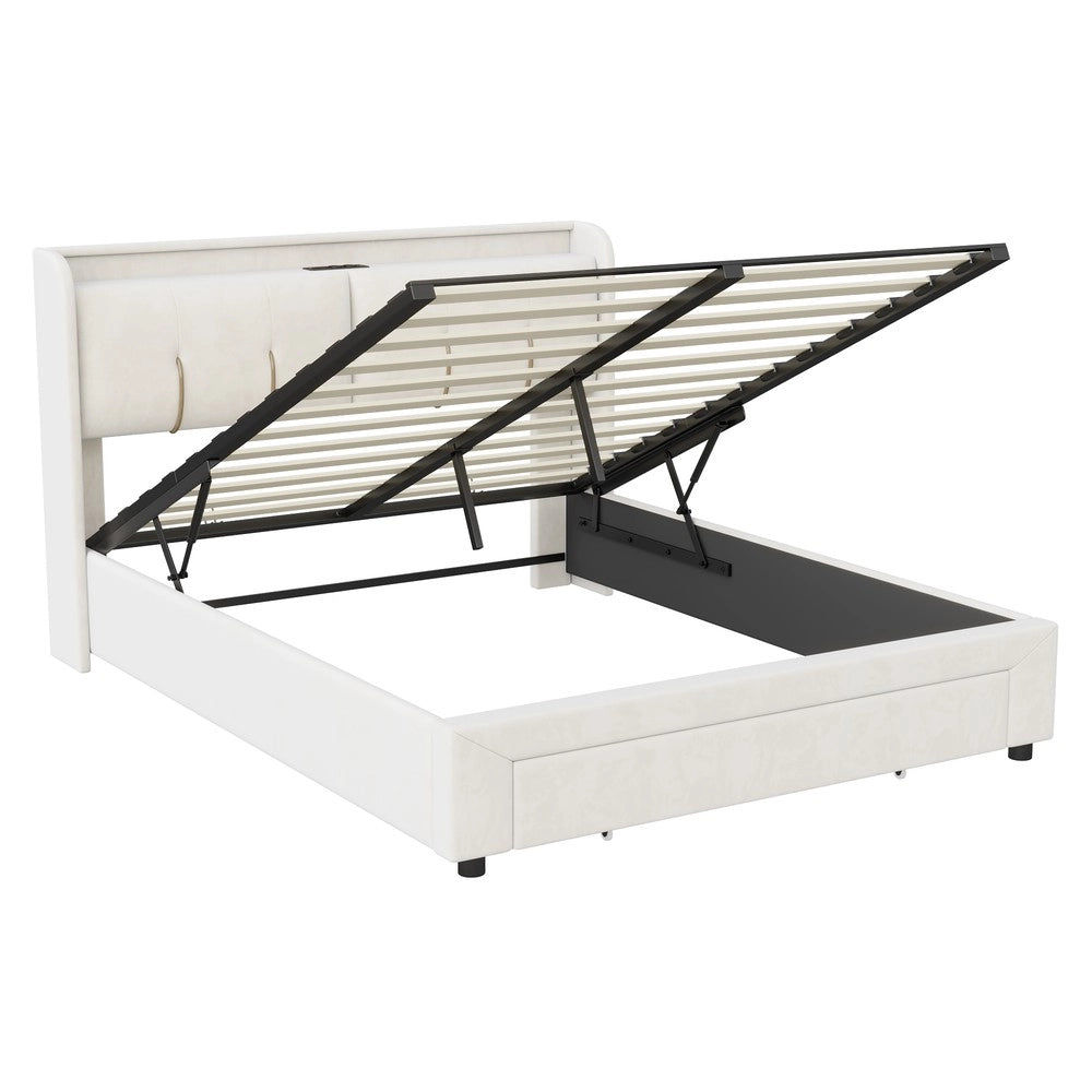 Letto contenitore matrimoniale con LED ¨C Minimal ¨C velluto beige 160x200cm