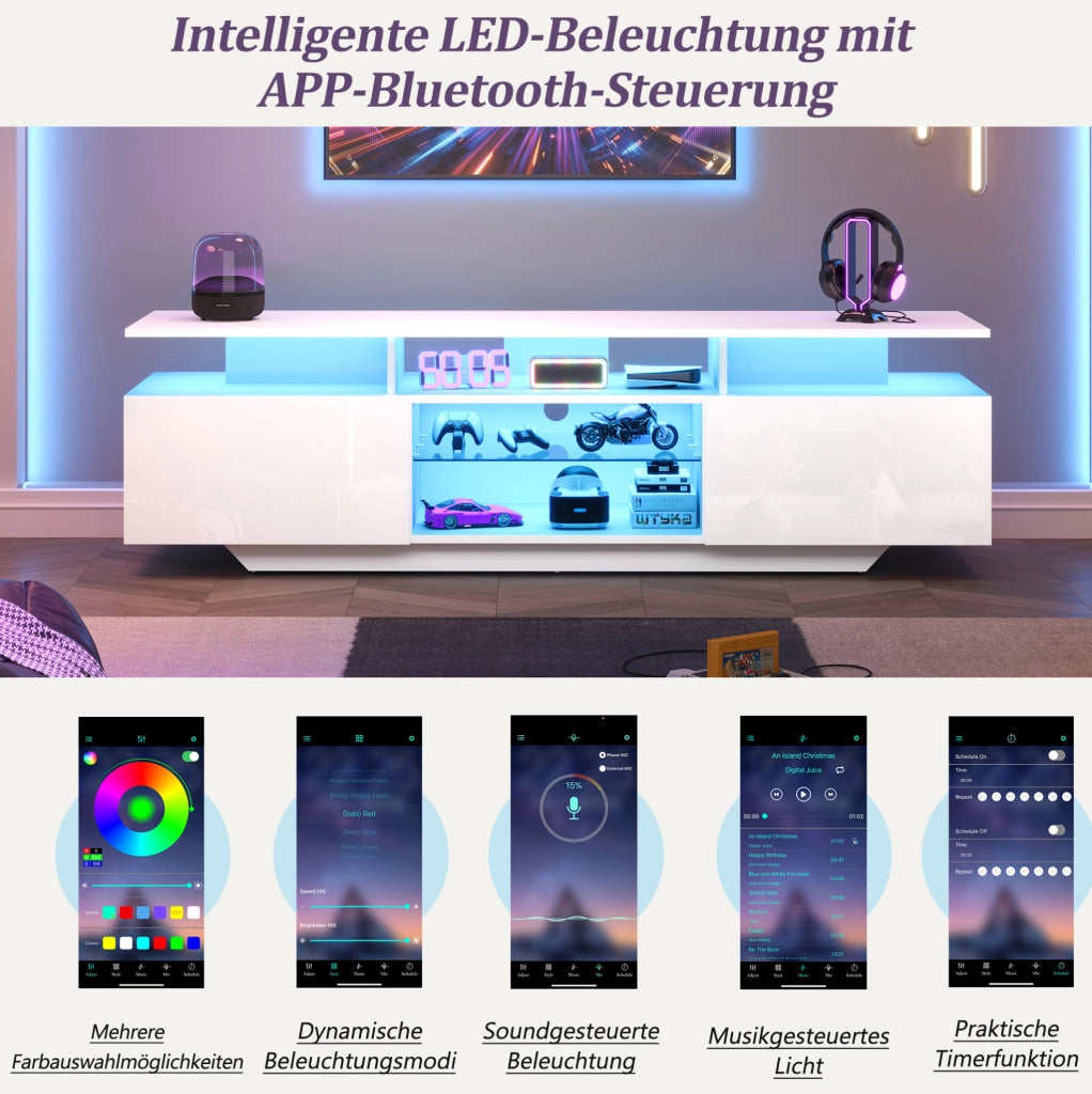 Mobile TV bianco 160 cm con LED, 2 armadietti e 8 ripiani
