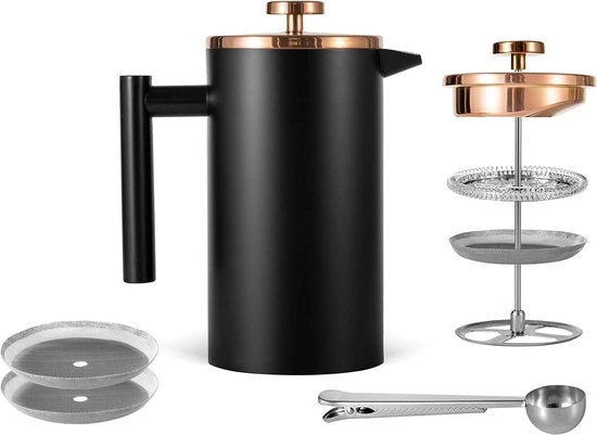 Caffettiera a Stompo in Acciaio Inossidabile 06 Litri - French Press Termo Caffettiera - Piccola Caffettiera 600 ml - Doppio Strato Isolante - Nero