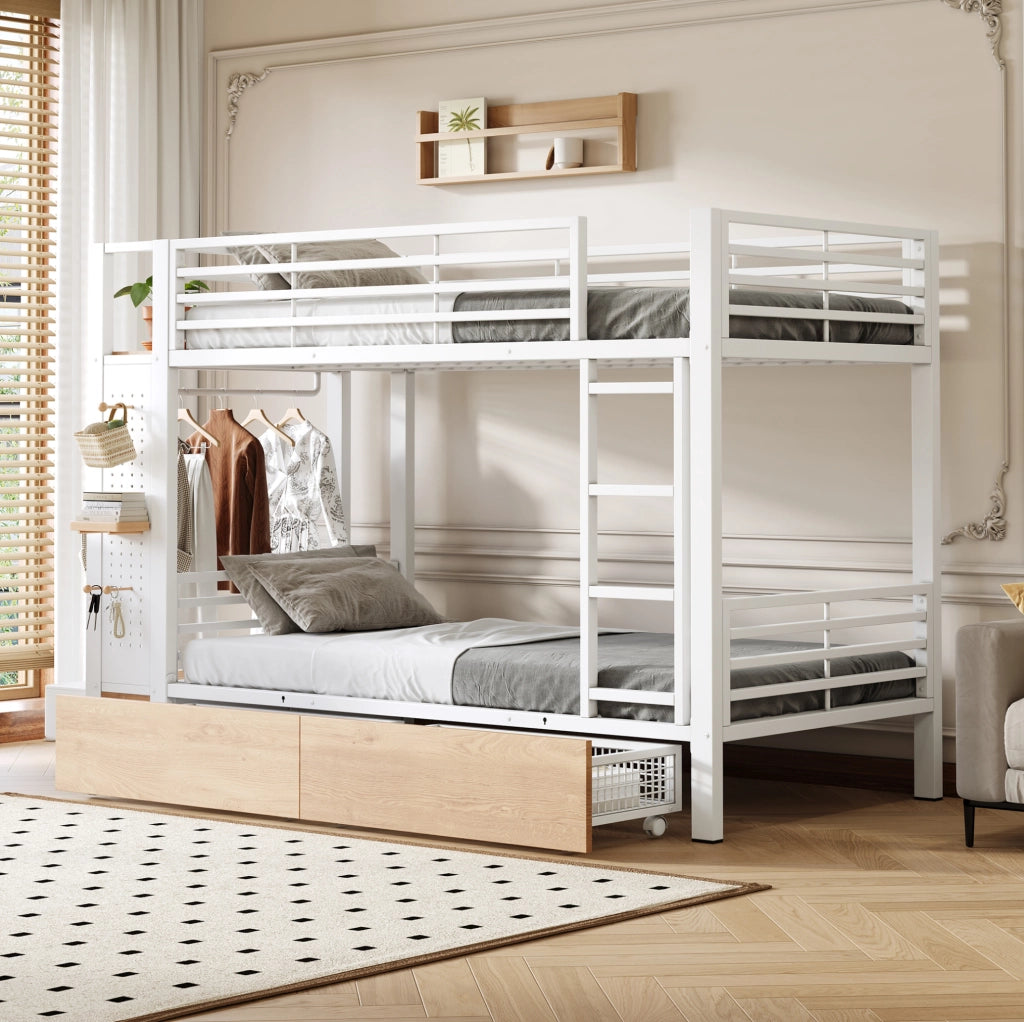 LETTO A CASTELLO 90x200 cm con LED, 2 cassetti e appendiabiti Bianco