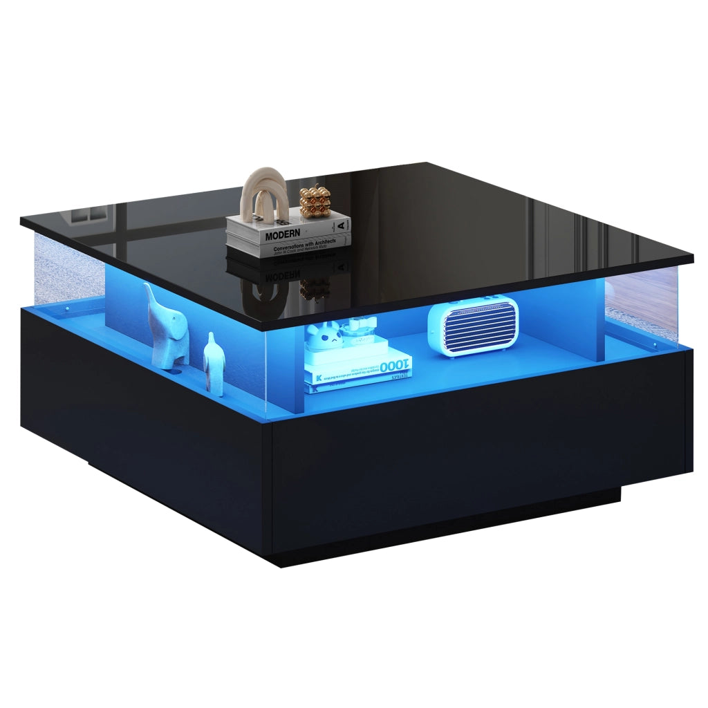 Tavolino da caffè 70x70x41 cm; LED regolabile via app con 2 cassetti; pannello lucido; truciolato nero