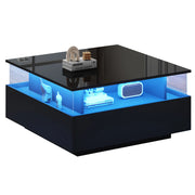 Tavolino da caffè 70x70x41 cm; LED regolabile via app con 2 cassetti; pannello lucido; truciolato nero