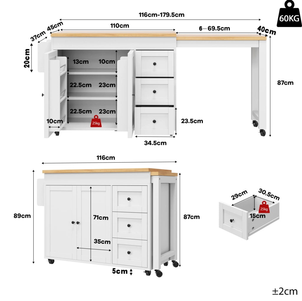 Isola da cucina mobile allungabile 116-179;5x45x89 cm con cassetti e ruote; bianca