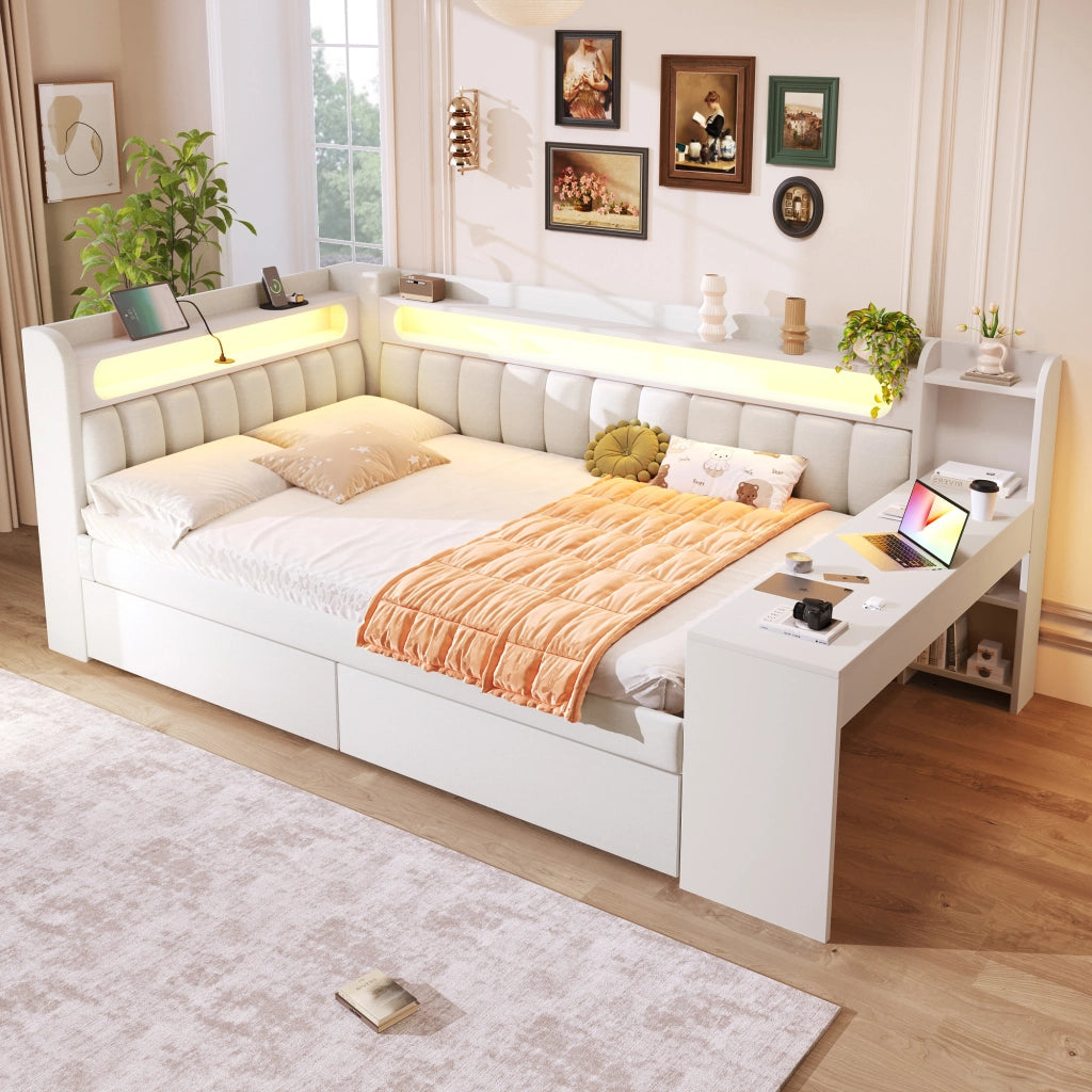 LETTO GIORNO 140x200 cm Bianco con scrivania, 2 cassetti, USB e LED