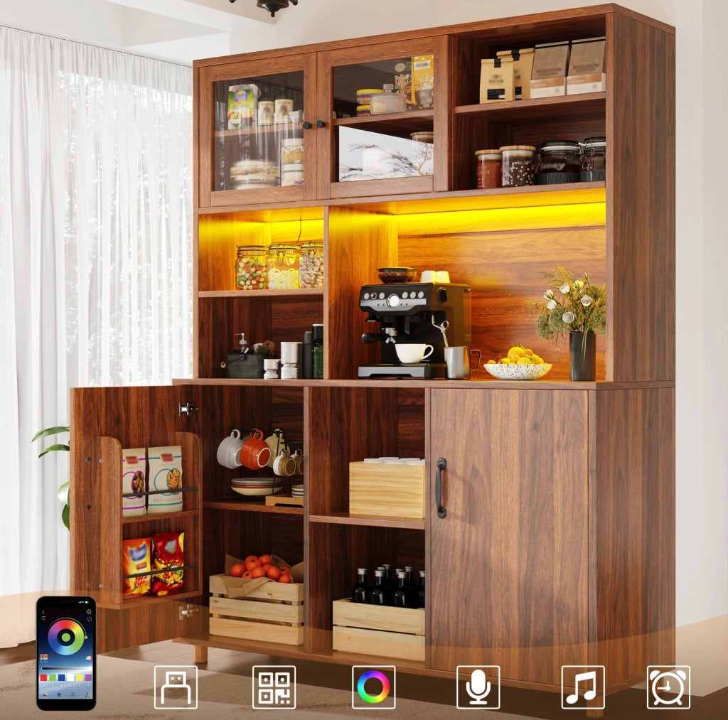 Mobile alto da cucina con LED smart e ante scorrevoli, noce