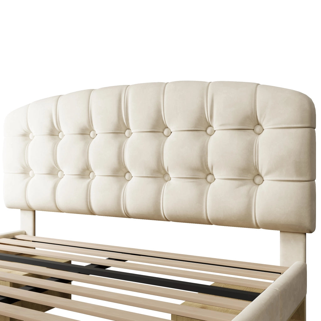 Letto imbottito 140x200 cm con testiera regolabile; cassetti e contenitori; velluto beige