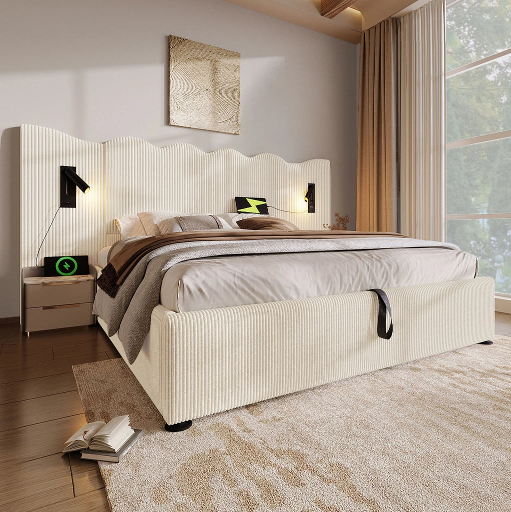 Letto contenitore 180x200 cm in velluto a coste con lampade LED, USB e Type-C, beige-bianco