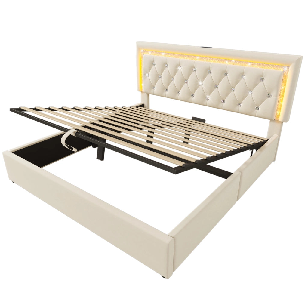 OKWISH Letto Contenitore 160×200 cm, Letto Matrimoniale con LED Regolabile, USB, Type C e Testiera Trapuntata, senza Materasso, Velluto, Beige