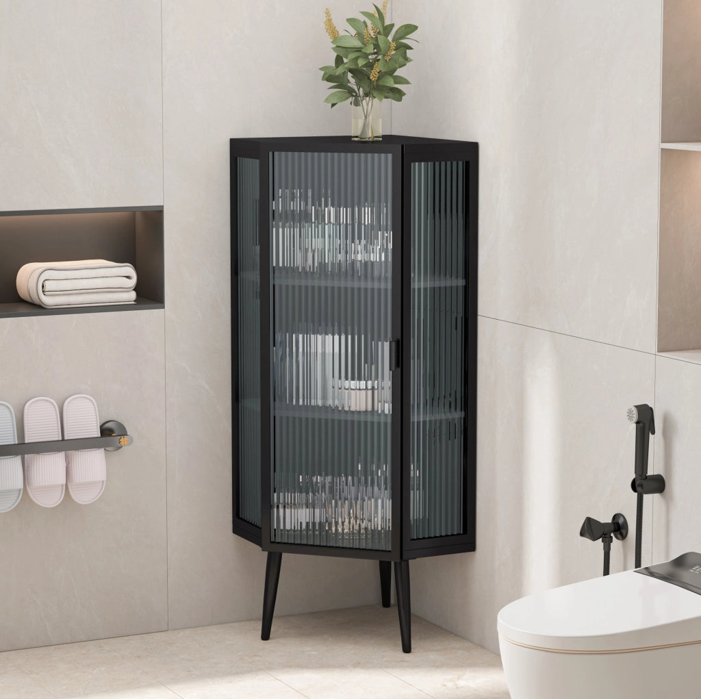 Mobile ad angolo da terra 56x42;5x110 cm in metallo e vetro temperato nero