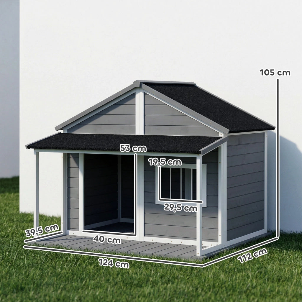 Casetta per Cani Esterno con Terrazza e Tetto in Bitume Legno 124x112x105 cm Grigio ¨C zephmum