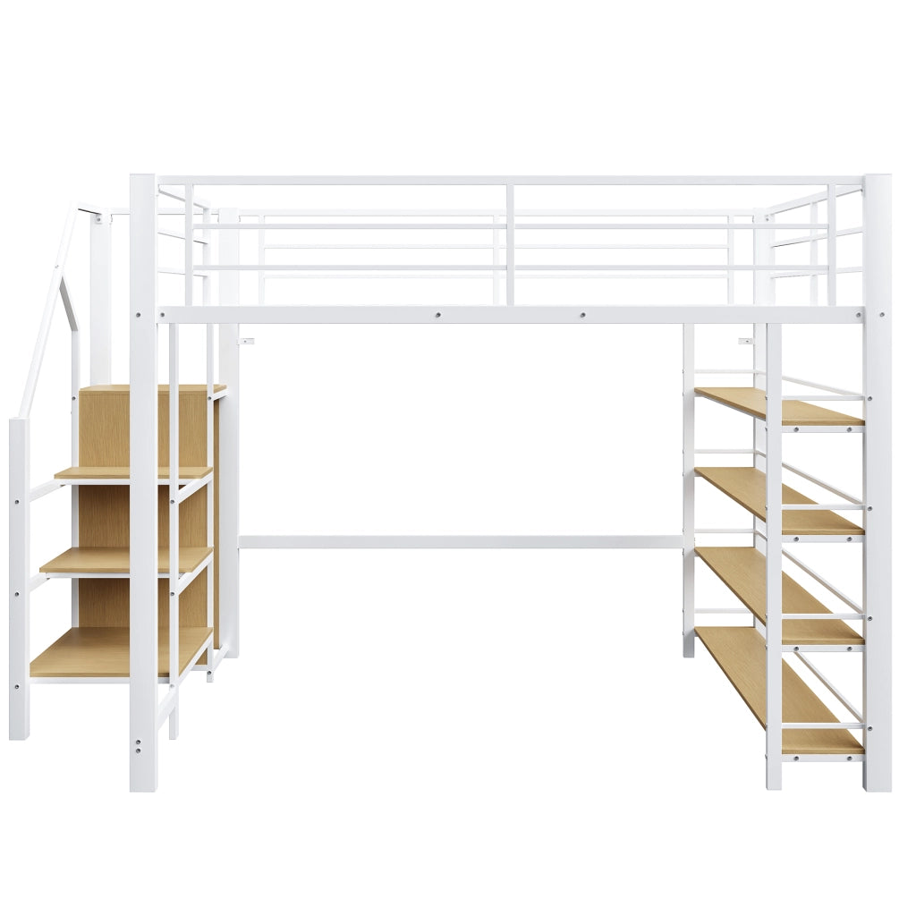Letto a soppalco 140×200 cm con scala contenitore; armadietto e ripiani; senza materasso; metallo; bianco