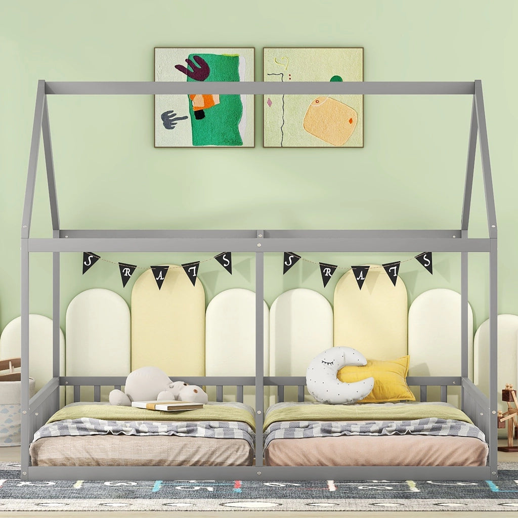 Letto a Casetta 2 Posti con Sponde; 90 x 200 cm x2; senza Materasso; in Pino e MDF; Grigio
