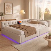 Divano letto 140x200 cm in lino con LED; USB e Type-C; beige