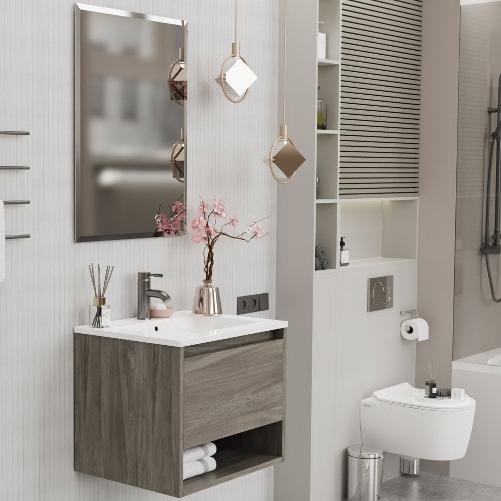 Mobile Bagno Sospeso 60 cm Lavabo e Specchio Milano Rovere