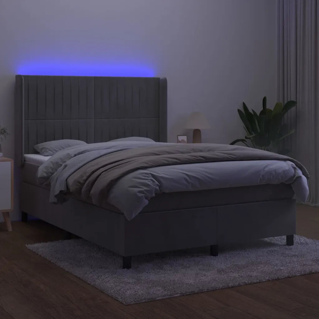 Letto a Molle Materasso e LED Grigio Chiaro 140x200 cm Velluto