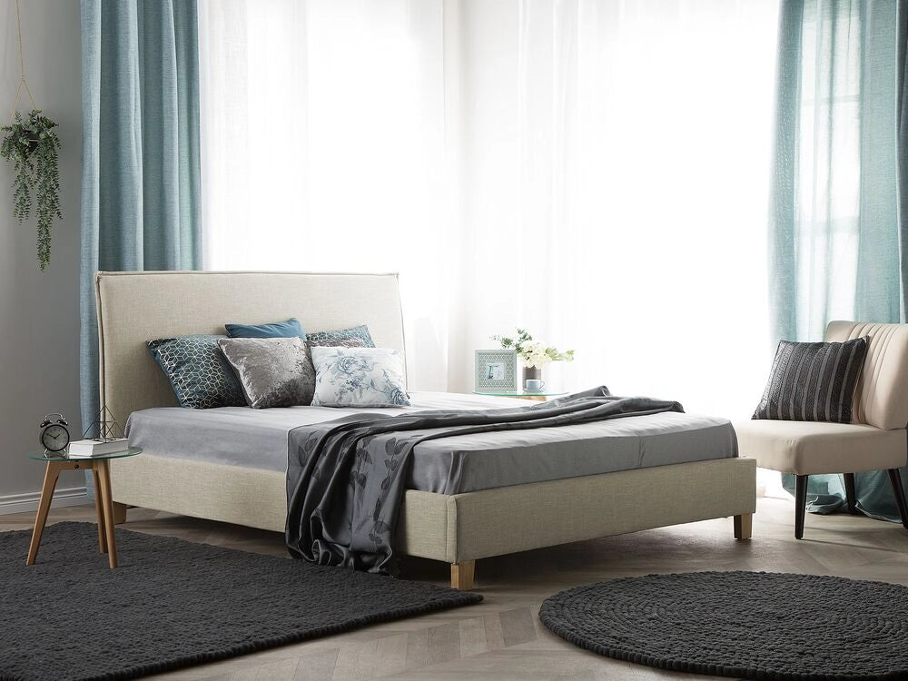 Letto rivestimento in tessuto beige Gambe in legno Dimensioni doppie 140 cm 6 a doghe con testiera Stile scandinavo minimalista