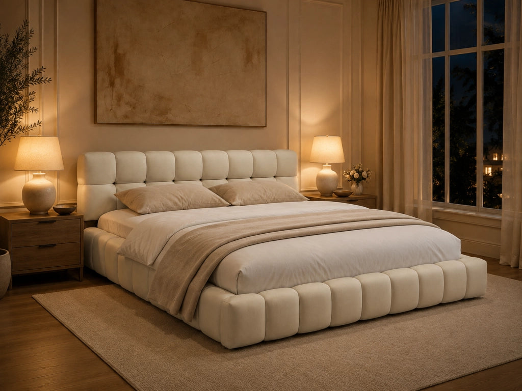 Letto matrimoniale imbottito lino beige 140x200 cm, testiera morbida a pannelli, struttura robusta, design moderno per camera da letto