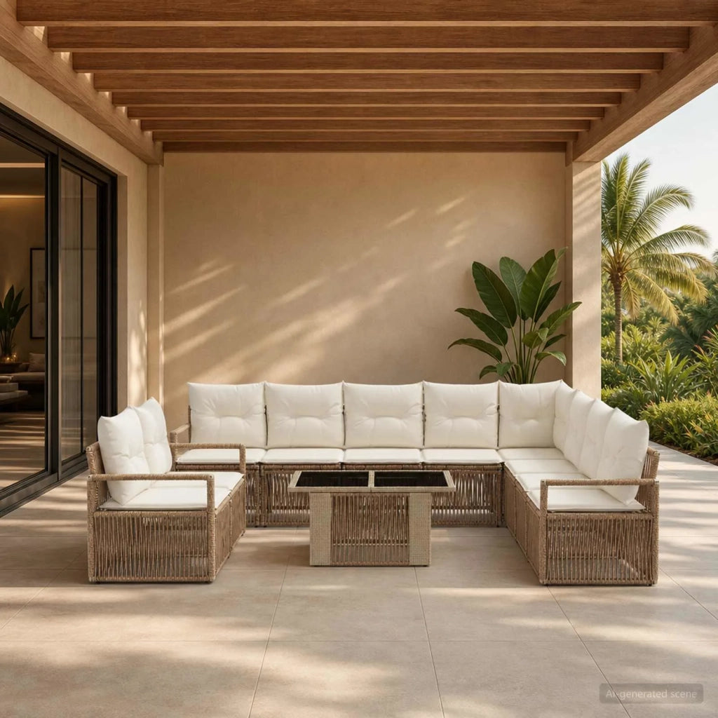 Set Divano da Giardino 11 pz Beige e Bianco Crema polyrattan 3437121