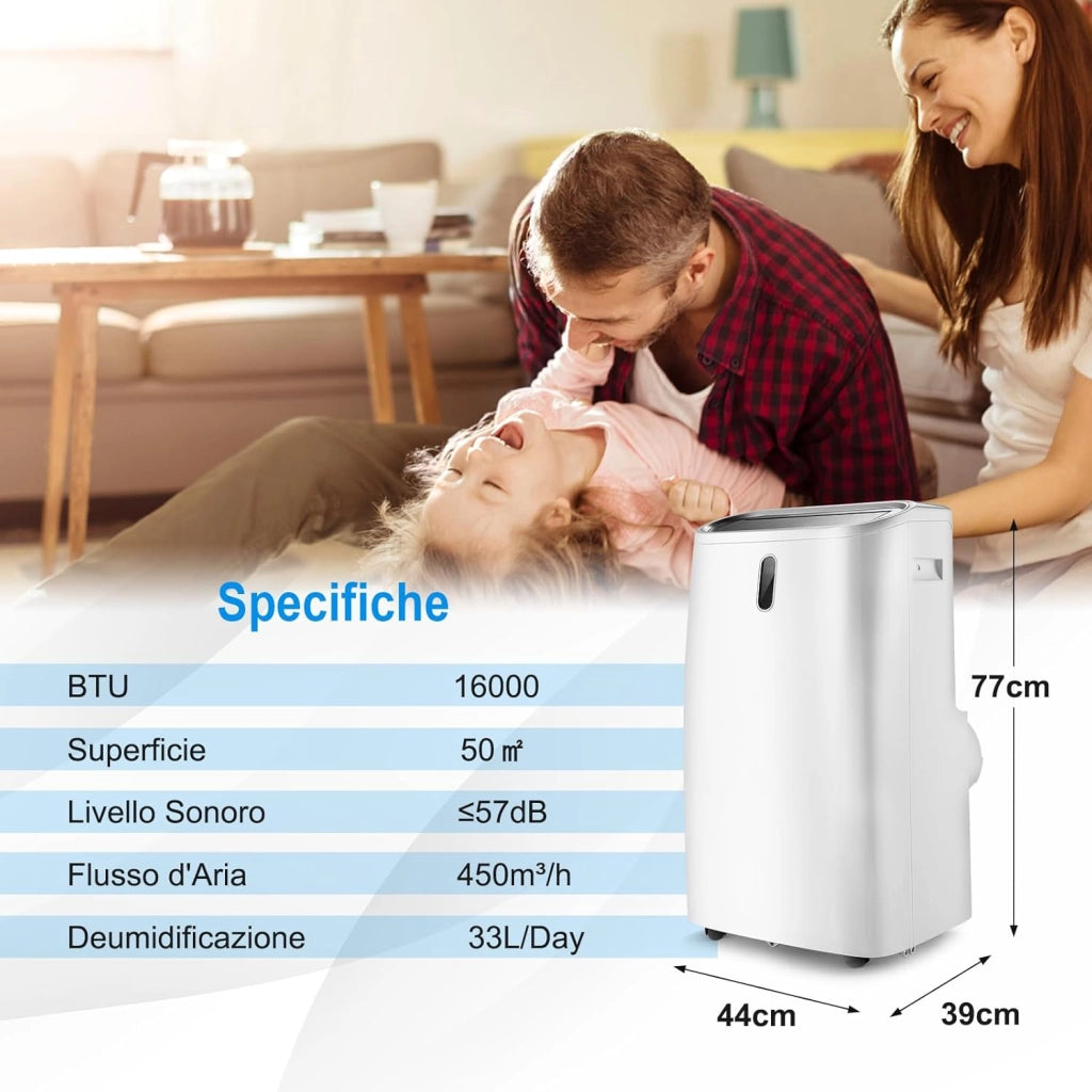 Condizionatore Portatile 16000 BTU, 4 in 1 Raffrescator & Riscaldamento & Deumidificazione & Ventilatore, con Tubo di Scarico, Telecomando/Applicazione, Timer 24H (16000BTU 4,7 kW)