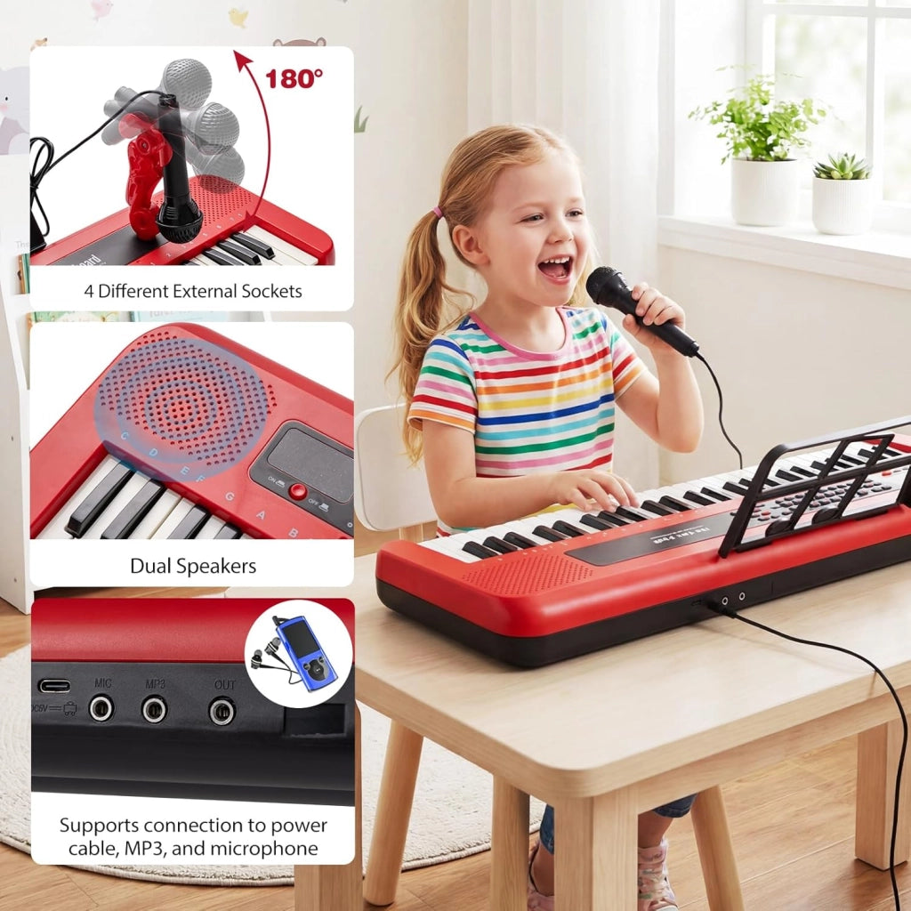 Tastiera elettronica per bambini di 3 anni+, microfono e leggio, pianoforte digitale 61 tasti con supporto regolabile, pianoforte elettronico, 200 toni e ritmi, 20 demo (rosso)