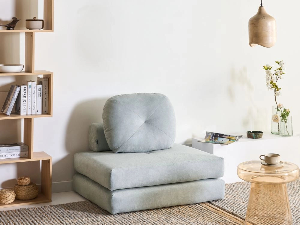 Divano Pouf Letto Tessuto di ciniglia Azzurro Tappezzeria Singola Sedia Letto Pieghevole con Cuscino Design Moderno