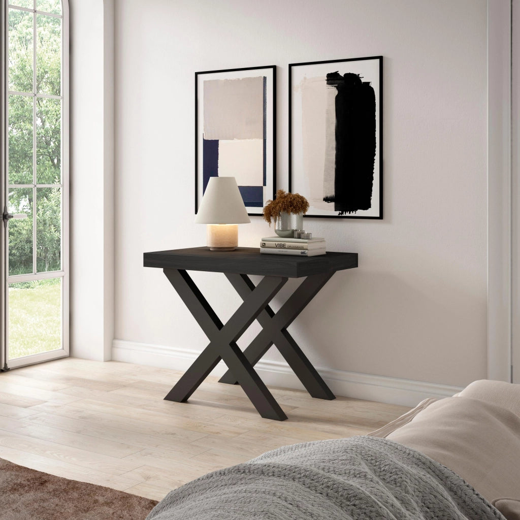 Consolle allungabile, 58 fino 302x90x73cm, Per 14 persone, Gambe in legno, Nero RF2833