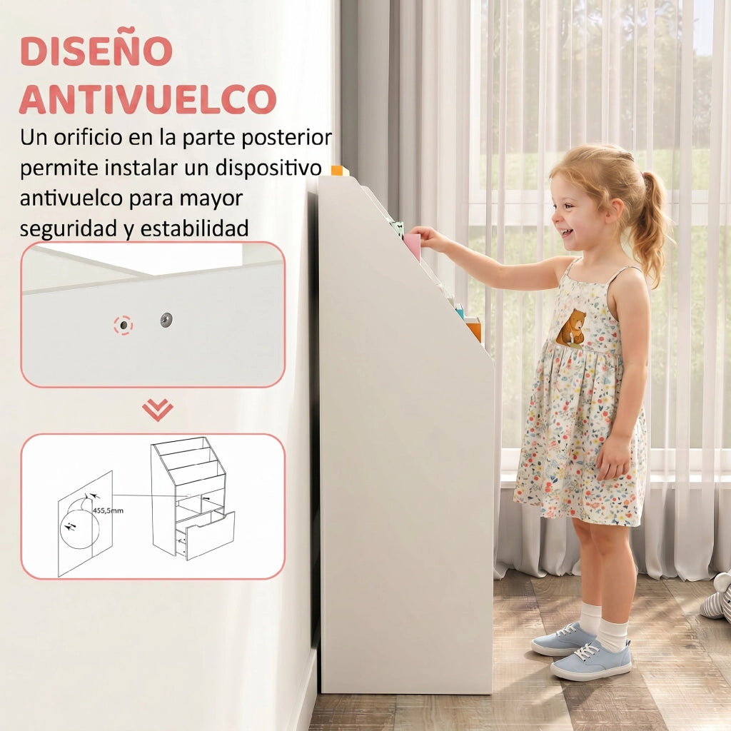Libreria per bambini in legno con 3 ripiani, 2 cubi e cassetto mobile con ruote ¨C zephmum ¨C Bianco 60x29.9x90 cm
