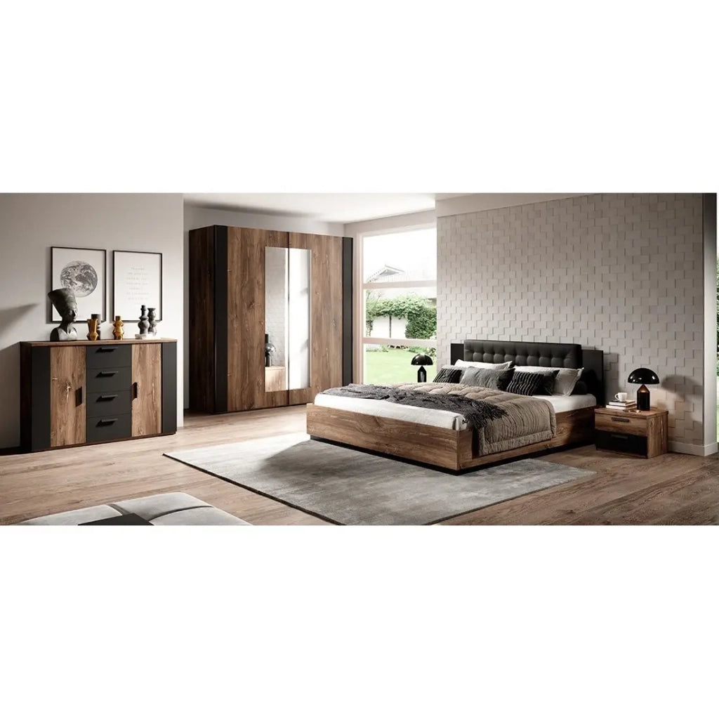 Letto matrimoniale 160x200 - Rovere scuro e nero - Collezione FOX - Rete non inclusa