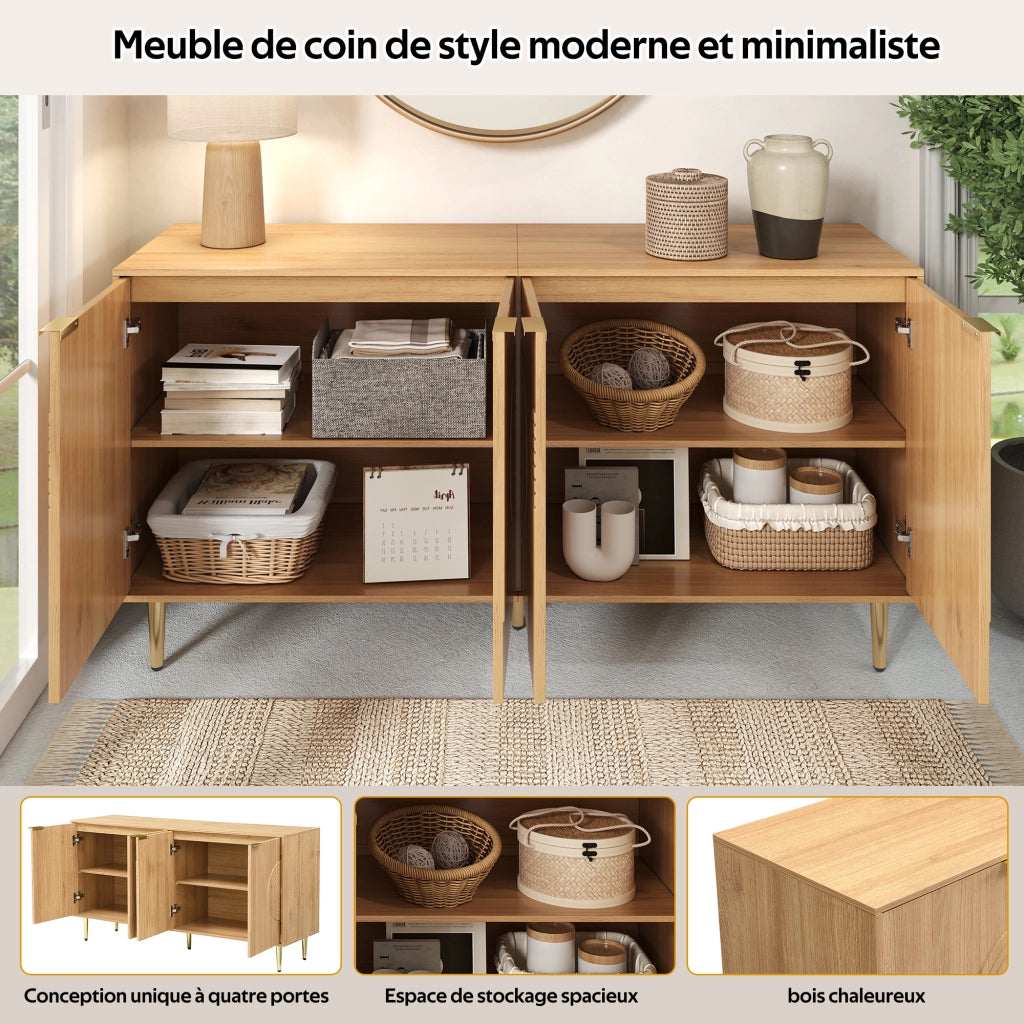 OKWISH Madia con 4 ante e ripiani regolabili, gambe in metallo, per soggiorno o sala da pranzo, MDF, naturale, 140 x 40 x 72 cm