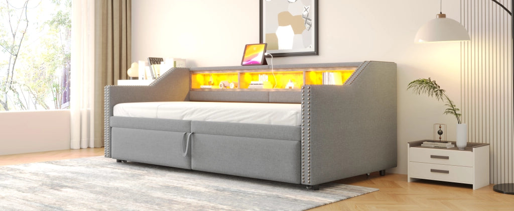 DESMIU Letto estraibile 90 × 200 cm 2 posti con USB, LED, ripiani e 180 × 200 cm, senza materasso