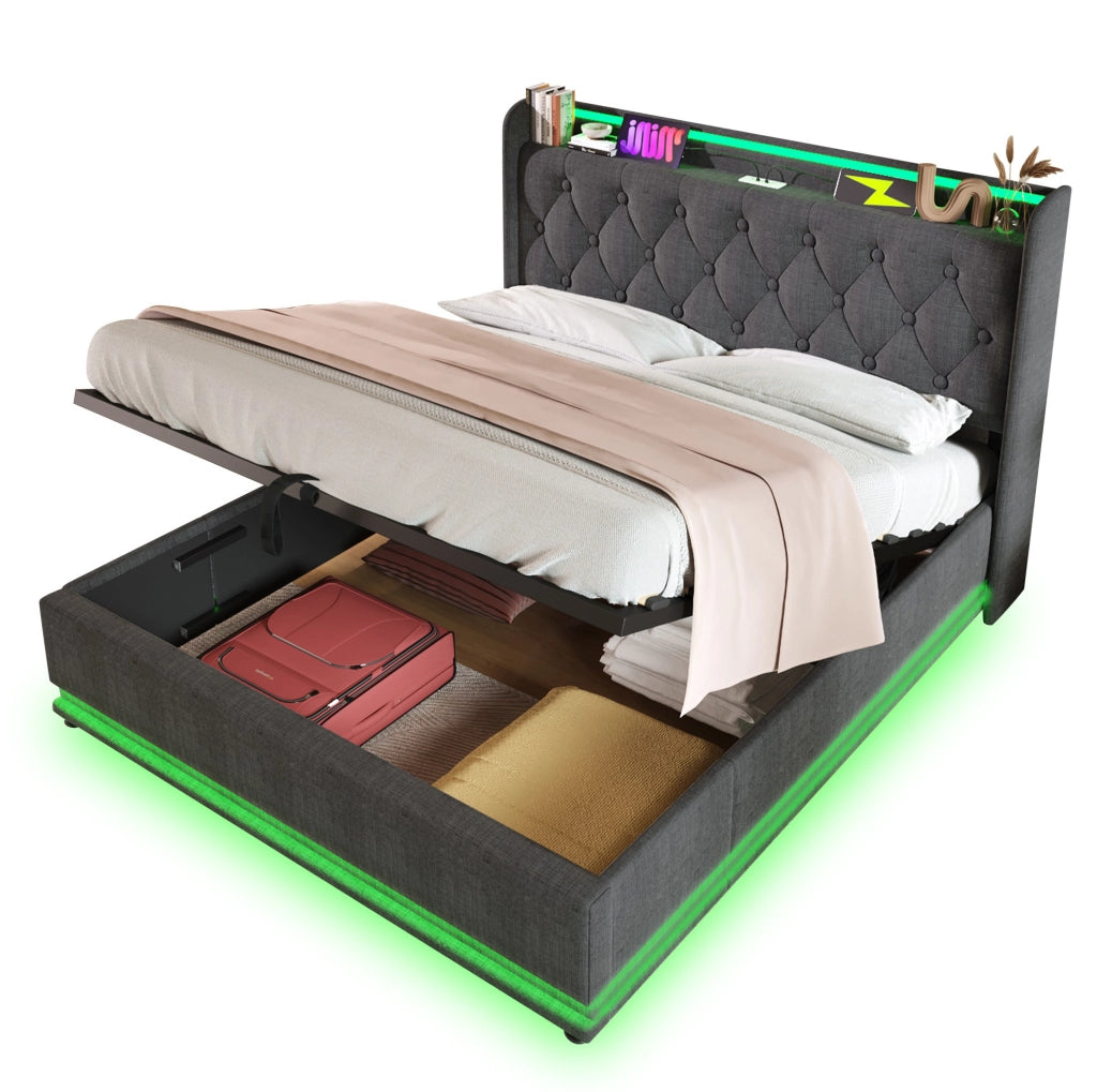 Letto matrimoniale 160x200 cm in lino grigio con LED; contenitore idraulico e ricarica USB Type-C