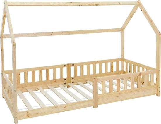 Letto per bambini in legno di pino 90x200 cm con tetto di protezione e fondo a listelli ML design