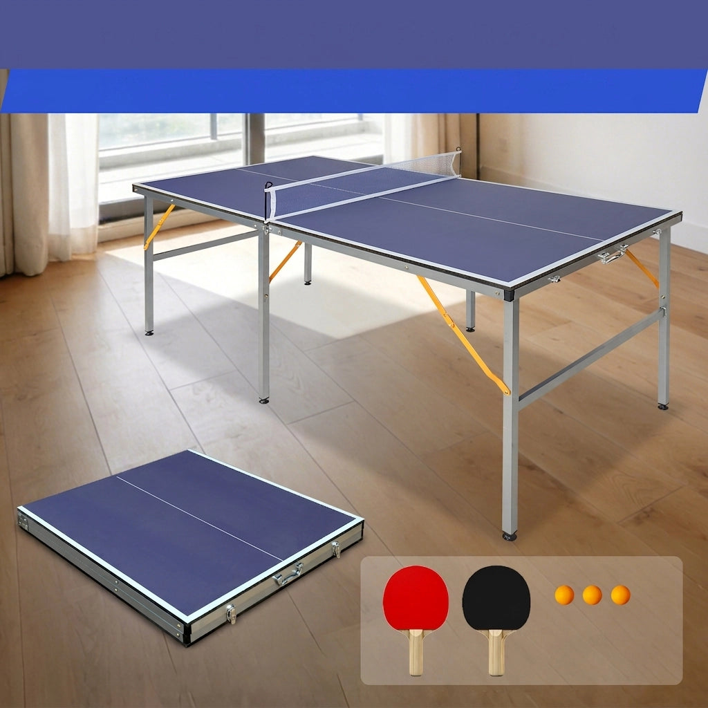 Tavolo da Ping Pong Pieghevole 182×91×76;2 cm 6 FT con Rete; 2 Racchette e 3 Palline; Portatile Blu