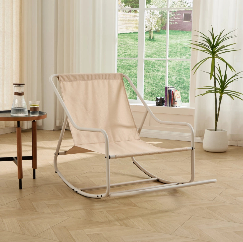 Sedia a dondolo da esterno in acciaio con cuscino spesso; beige