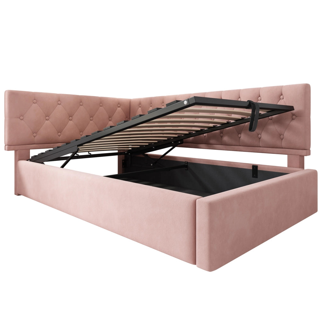 Letto imbottito 90x190 cm in velluto rosa con contenitore idraulico