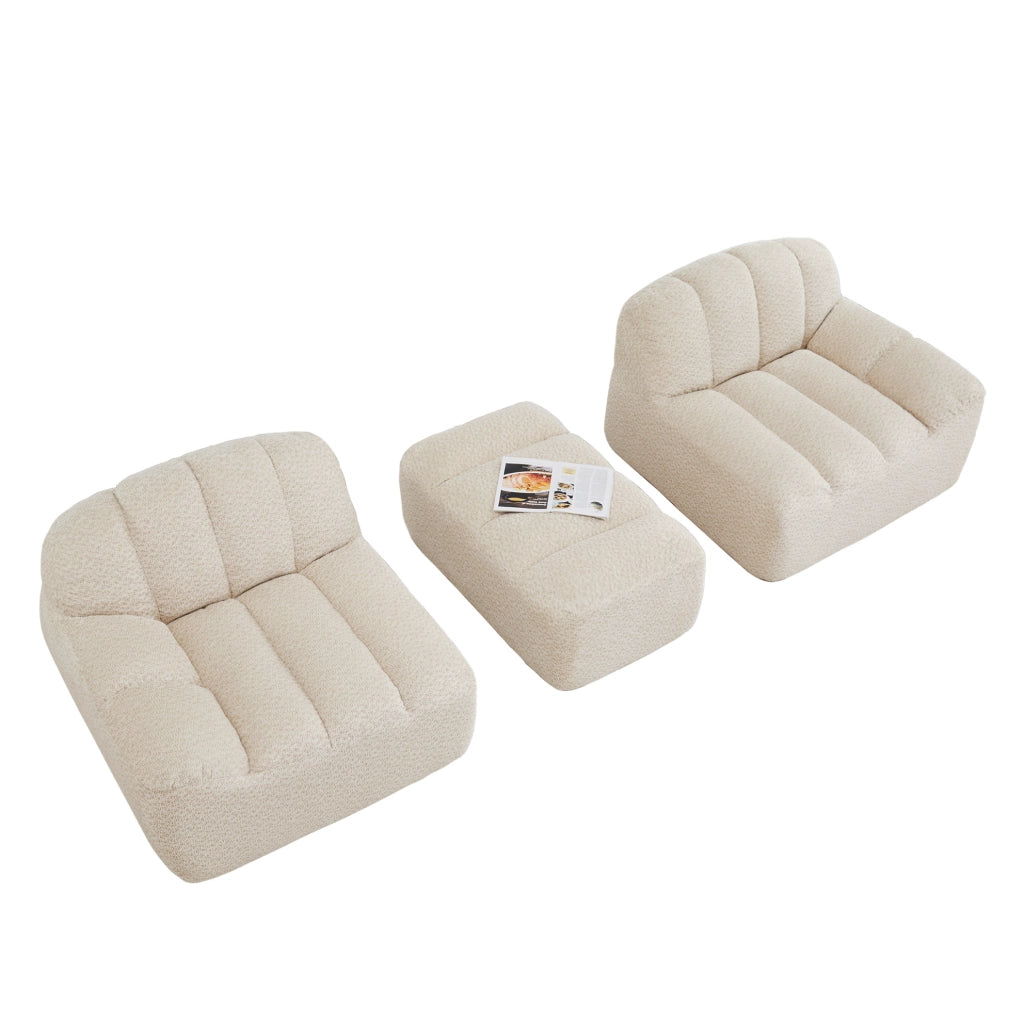 Divano modulare angolare 210.0x165.0x79.0 cm con ottoman senza montaggio in pile granulato beige e bianco