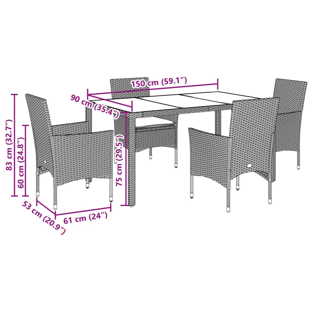 Set da Pranzo da Giardino 5 pz con Cuscini Polyrattan e Vetro 3278557